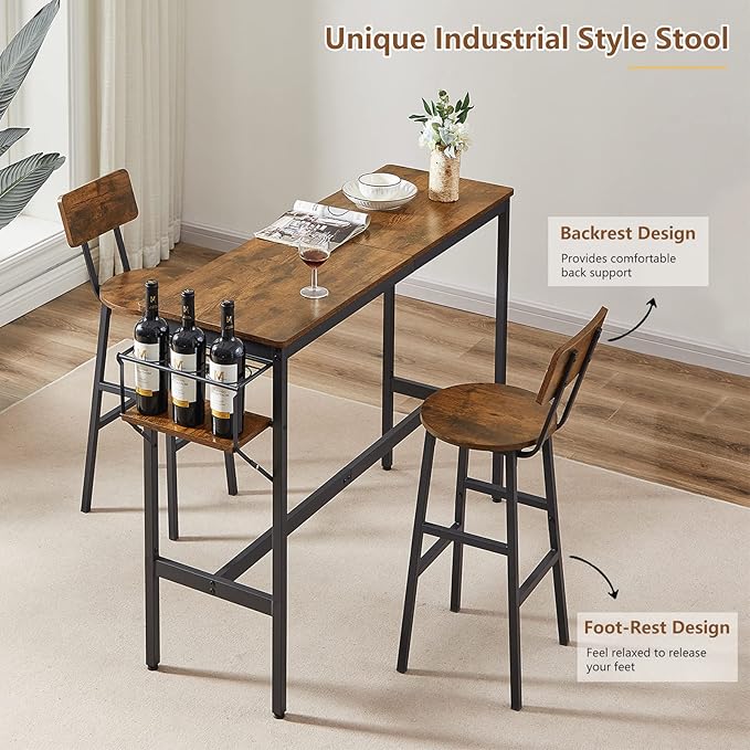 Bar Table and 2 Chairs Set, Industrial Style 3 Pieces Pub Dining Table Set with Collapsible Bottle Holder, 2 Bar Stools with Backrest for Kitchen, Apartment, Small Space - LeafyLoom