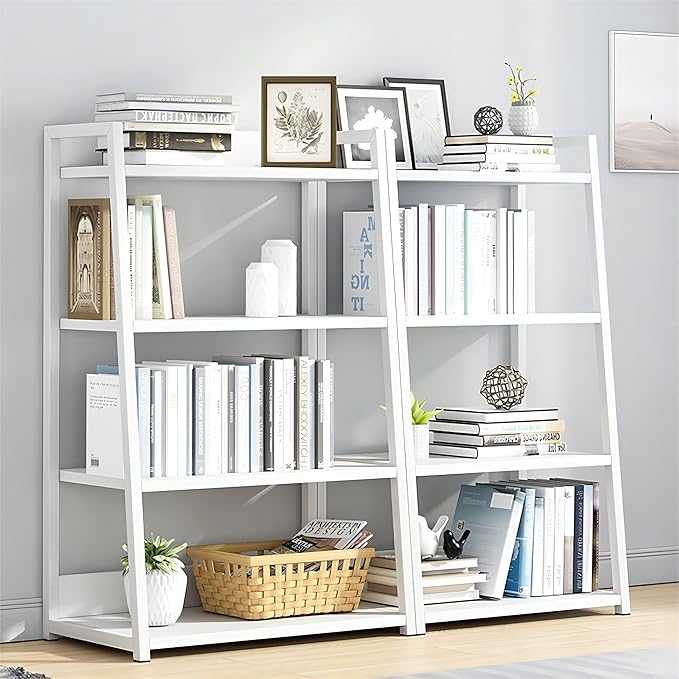 IOTXY 4 Tier Open Bookshelf - Steel and Wood Display Stand, 50CM Width Floor-Standing Bookcase, White - LeafyLoom