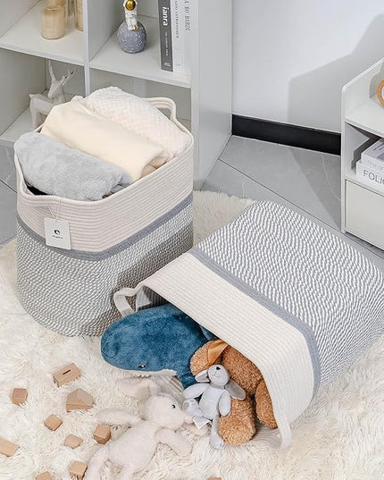 Rectangle Woven Baskets for Storage, Cotton Basket Large Blanket Basket, Laundry Nursery Rope Basket Living Room, Toy Storage Tall Laundry For Organizing, Large Baskets Clothes Collapsible - LeafyLoom