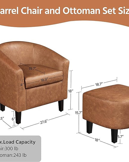 Yaheetech Accent Chair with Ottoman Footstool, PU Leather Modern Upholstered Soft Barrel Chair, Comfy Club Armchair and Footrest Set for Living Room/Bedroom/Reading Room/Guestroom, Brown - LeafyLoom
