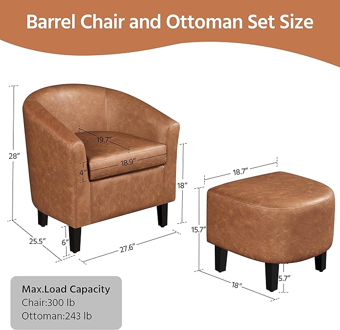 Yaheetech Accent Chair with Ottoman Footstool, PU Leather Modern Upholstered Soft Barrel Chair, Comfy Club Armchair and Footrest Set for Living Room/Bedroom/Reading Room/Guestroom, Brown - LeafyLoom