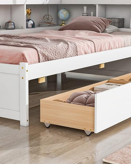 Twin Size Platform 2 Storage Drawers and L-Shaped Bookcases, Wooden Captain Bed Daybed Frame with Headboard for Bedroom, Living Room, White - LeafyLoom