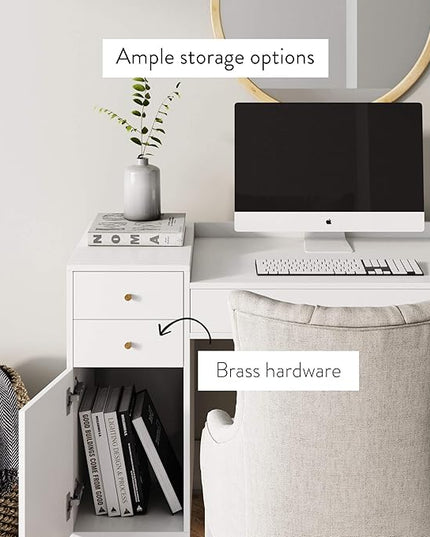 Nathan James Daisy Vanity Dressing Table or Makeup Desk with 4-Drawers and Brass Accent Knobs, White Wood - LeafyLoom