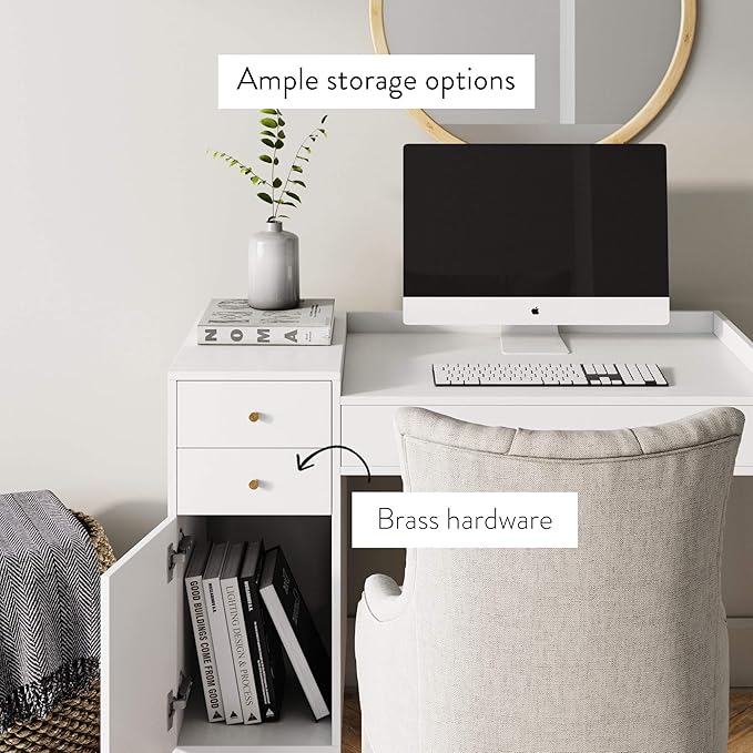 Nathan James Daisy Vanity Dressing Table or Makeup Desk with 4-Drawers and Brass Accent Knobs, White Wood - LeafyLoom