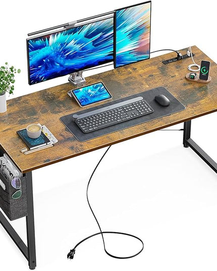 KKL Small Desk with Power Outlets and USB Port Computer Desk for Home Office Gaming Simple Modern Style Writing Desks with Storage Bag Headphone Hook, 48 inch, Rustic Brown - LeafyLoom