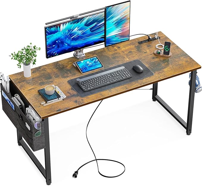 KKL Small Desk with Power Outlets and USB Port Computer Desk for Home Office Gaming Simple Modern Style Writing Desks with Storage Bag Headphone Hook, 48 inch, Rustic Brown - LeafyLoom