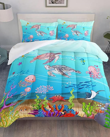 Turtle Comforter Set Full Ocean Watercolor Sea Turtle Bedding Set Tropical Fish Marine Life Bed Set with 2 Pillowcases for Kids Room Decor - LeafyLoom