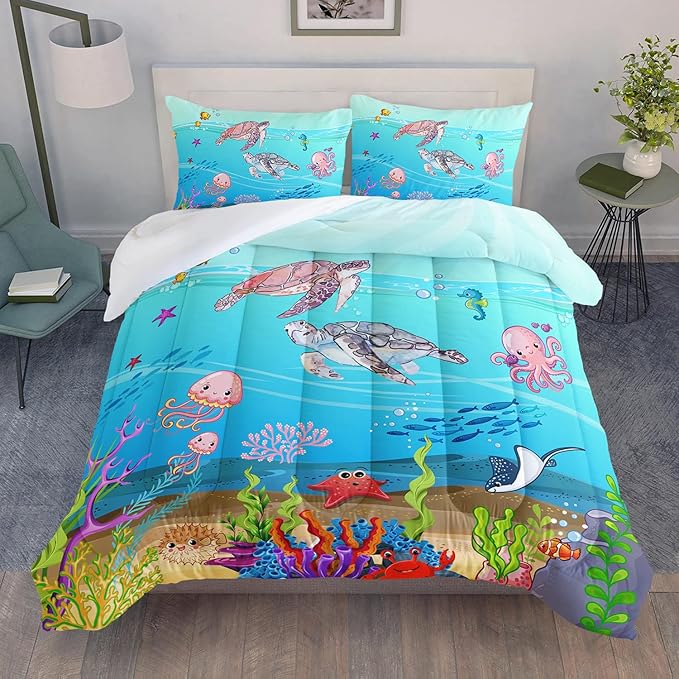 Turtle Comforter Set Queen Ocean Watercolor Sea Turtle Bedding Set Tropical Fish Marine Life Bed Set with 2 Pillowcases for Kids Room Decor - LeafyLoom