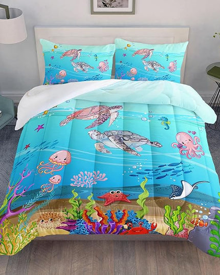 Turtle Comforter Set Twin Ocean Watercolor Sea Turtle Bedding Set Tropical Fish Marine Life Bed Set with 2 Pillowcases for Kids Room Decor - LeafyLoom