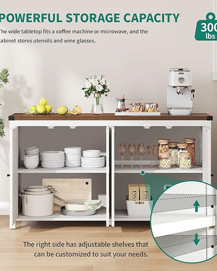 YITAHOME Farmhouse Sideboard Buffet Cabinet with Storage with 4 Doors, 55'' Large Kitchen Storage Cabinet, Wood Coffee Bar Cabinet with Adjustable Shelf for Kitchen, Living Room, White - LeafyLoom