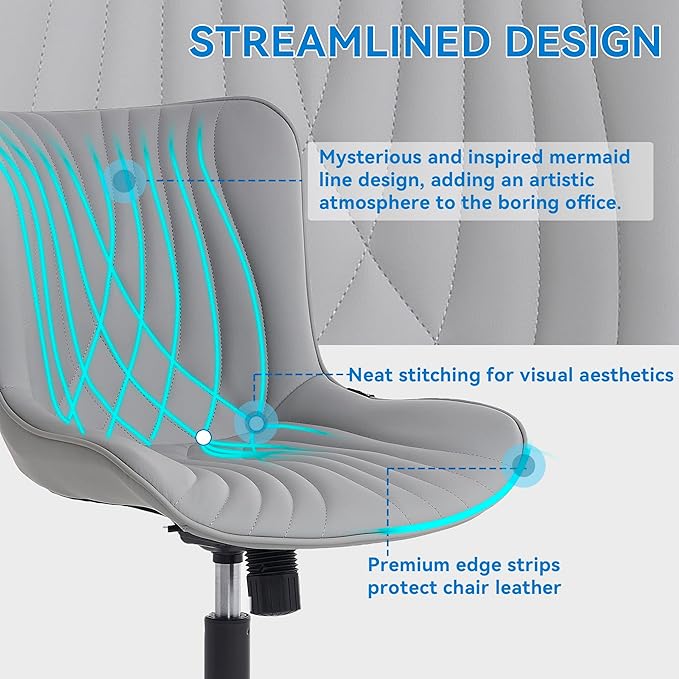 YOUNIKE Office Chair, Armless Desk Chair with Wheels, Home Office Computer Task Chairs, Modern Faux Leather Upholstered Vanity Chair, Adjustable Swivel Rolling Office Chair, Grey - LeafyLoom