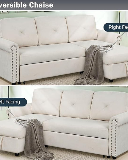83'' L-Shape Convertible Sleeper Sectional Sofa with Storage Chaise and Pull-Out Bed, Velvet Upholstered Reversible Corner Couch w/Tufted Cushions, for Living Room, Apartment - LeafyLoom