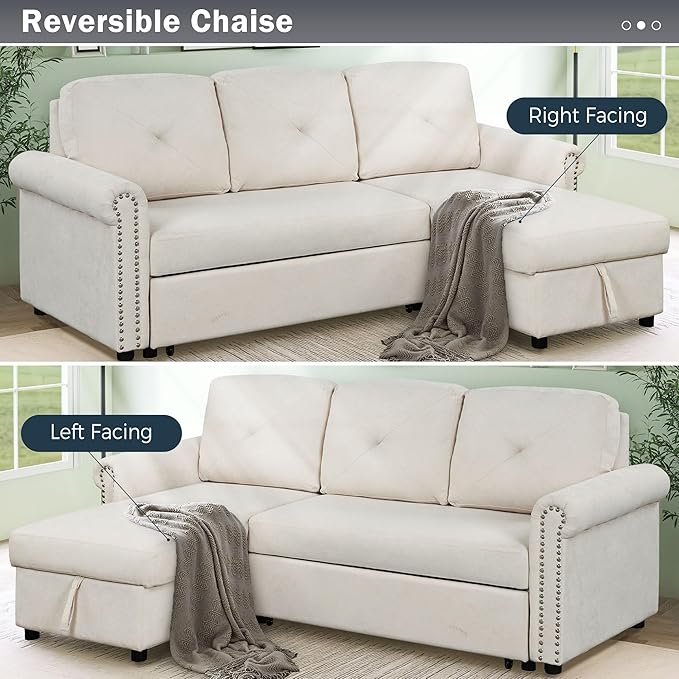 83'' L-Shape Convertible Sleeper Sectional Sofa with Storage Chaise and Pull-Out Bed, Velvet Upholstered Reversible Corner Couch w/Tufted Cushions, for Living Room, Apartment - LeafyLoom