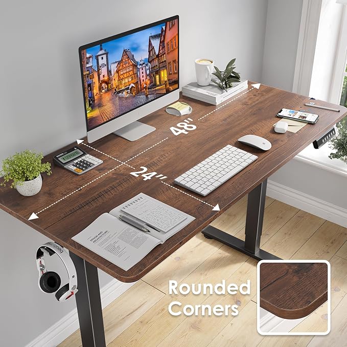 STARY Electric Adjustable Height Sit Stand Home Office Desk with Splice Board, 48x24, Rustic Brown/Black Frame - LeafyLoom