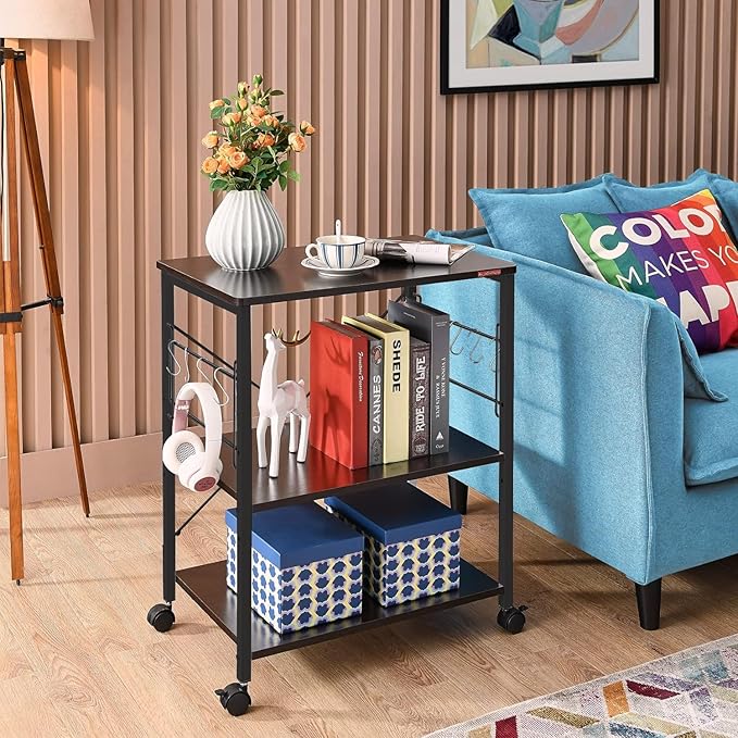 Mr IRONSTONE Kitchen Stand Microwave Cart 23.7'' for Small Space, Coffee Bar Table 3-Tier Rolling Utility Microwave Stand on Wheels, Coffee Cart with Storage Bakers Rack, Black Board+Black Metal Frame - LeafyLoom