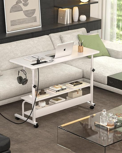 Height Adjustable Standing Desk with Power Outlets, 39" Manual Stand Up Desk with Storage Shelves Small Mobile Rolling Computer Desk Portable Laptop Table with Wheels for Home Office, White - LeafyLoom