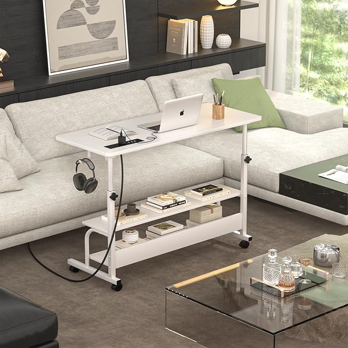Height Adjustable Standing Desk with Power Outlets, 39" Manual Stand Up Desk with Storage Shelves Small Mobile Rolling Computer Desk Portable Laptop Table with Wheels for Home Office, White - LeafyLoom
