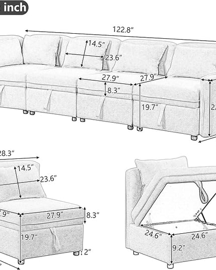 123" Modular Sectional Sofa, Convertible Minimalist 4-seat Couch with 5 Pillows for Living Room,Apartment, Free Combination, 122.8inch, Gray - LeafyLoom