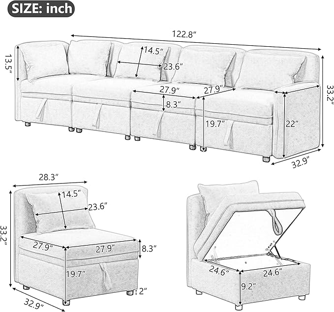 123" Modular Sectional Sofa, Convertible Minimalist 4-seat Couch with 5 Pillows for Living Room,Apartment, Free Combination, 122.8inch, Gray - LeafyLoom