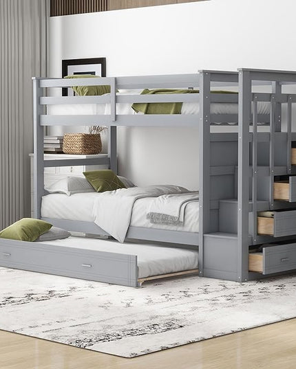 Twin Over Twin Bunk Bed with Stairs, 4 Storage Drawers and Trundle, Wooden Bunkbeds with Staircase and Full-Length Guardrails, for Kids/Teens Bedroom, Gray - LeafyLoom