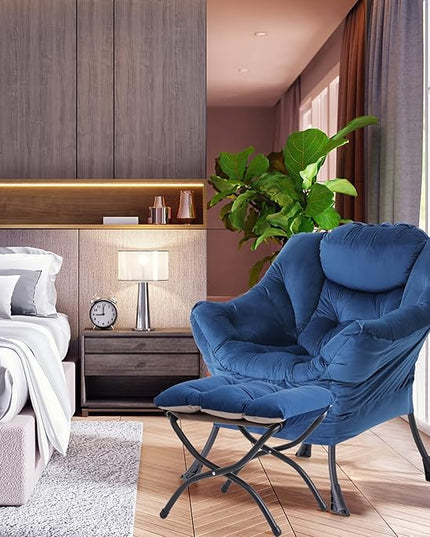 LITA Lazy Chair with Ottoman, Modern Accent Leisure Upholstered Sofa Chair, Contemporary Lounge Reading Chair with Armrests and a Side Pocket for Living Room, Bedroom & Small Space, Royal Blue - LeafyLoom