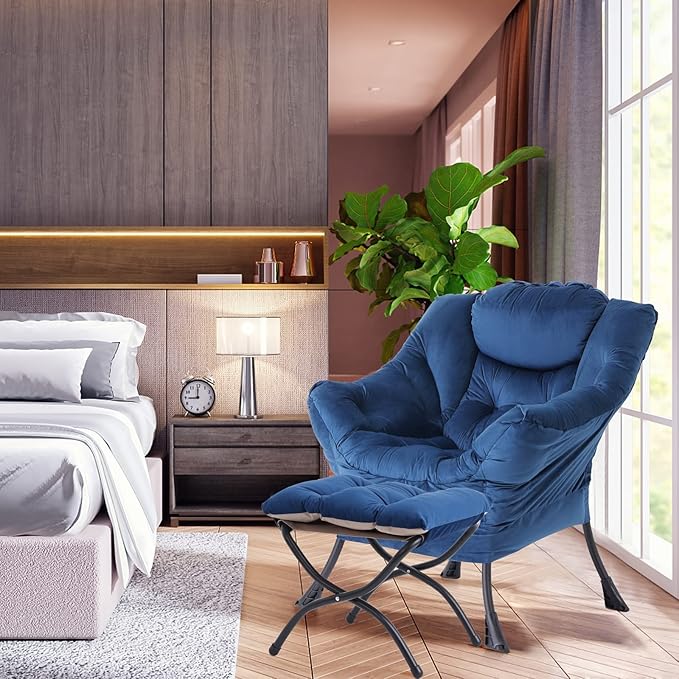 LITA Lazy Chair with Ottoman, Modern Accent Leisure Upholstered Sofa Chair, Contemporary Lounge Reading Chair with Armrests and a Side Pocket for Living Room, Bedroom & Small Space, Royal Blue - LeafyLoom