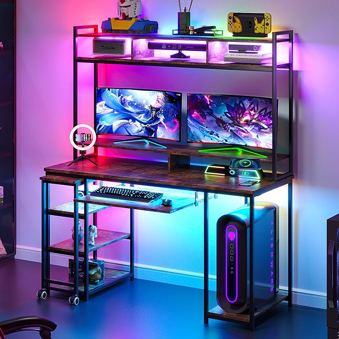 Lvifur RGB Gaming Desk with Wireless Charging Station,7 Dynamic & 24 Static Dimmable Computer Desk with Movable Table, 55'' Home Office Small Desk with Keyboard Tray,Monitor Stand,Display Stand - LeafyLoom