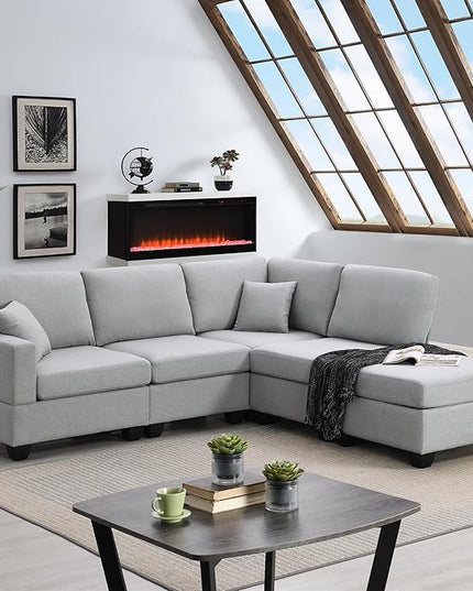 89.8" Modern Sectional Sofa with Convertible Ottoman and 2 Pillows,L-Shape Linen Fabric Corner Couch 5 Set W/Back & Cushion,can Hold up to 330 Lbs,for Apartment,Living Room,Light Grey - LeafyLoom