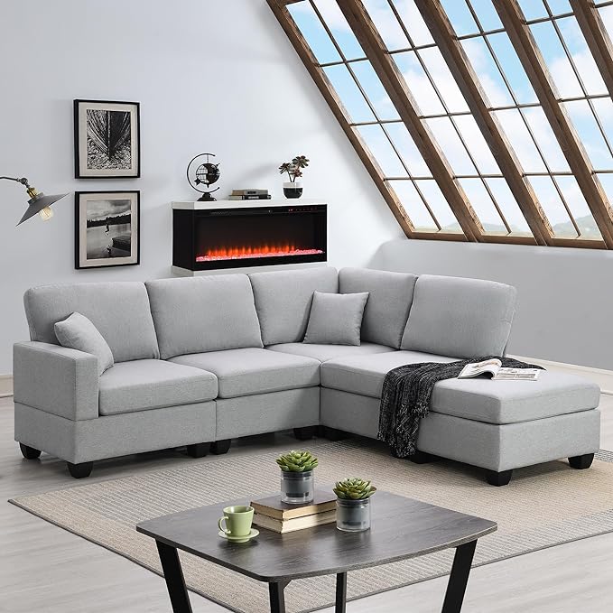 90" Sectional Couch, 5-Seat Modular Sectional Sofa with Convertible Ottoman, L-Shape Corner Sofa Set with 2 Pillows for Living Room, Apartment, Office - LeafyLoom