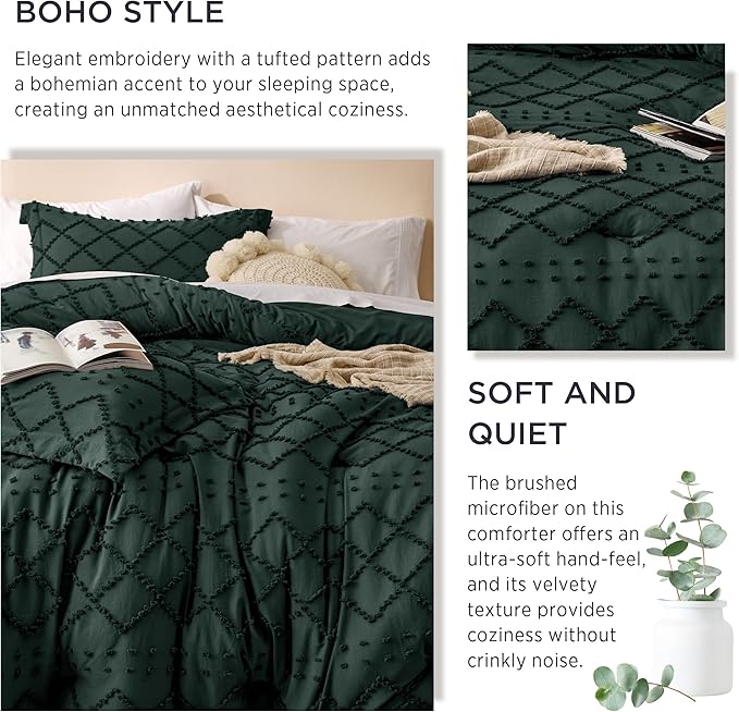 Bedsure California King Comforter Set - Forest Green Comforter, Boho Tufted Shabby Chic Bedding Comforter Set, 3 Pieces Farmhouse Bed Set for All Seasons, Fluffy Bedding Set with 2 Pillow Shams - LeafyLoom