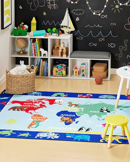 Eric Carle Elementary World Map Kids Machine Washable Area Rug Blue/Red, 6'6"x9'5" - LeafyLoom