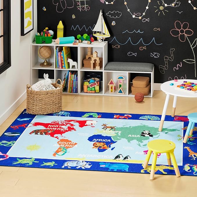 Eric Carle Elementary World Map Kids Machine Washable Area Rug Blue/Red, 6'6"x9'5" - LeafyLoom
