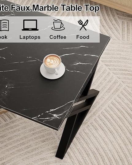 Coffee Table Living Room Table Black Center Table, Simple Modern Faux Marble Rectangular Tea Table with Sturdy Black-Finished Metal Frame,Industrial Wooden Coffee Table for Bedroom Home Office - LeafyLoom