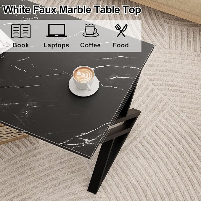 Coffee Table Living Room Table Black Center Table, Simple Modern Faux Marble Rectangular Tea Table with Sturdy Black-Finished Metal Frame,Industrial Wooden Coffee Table for Bedroom Home Office - LeafyLoom