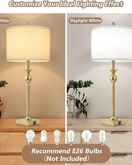 TOBUSA 28” Gold Table Lamps Set of 2, Tall Bedside lamps with Dual USB Charging Ports, Modern Nightstand Lamps with Square Brass Base and White Fabric Shade for Living Room, Bedroom(No E26 Bulbs) - LeafyLoom