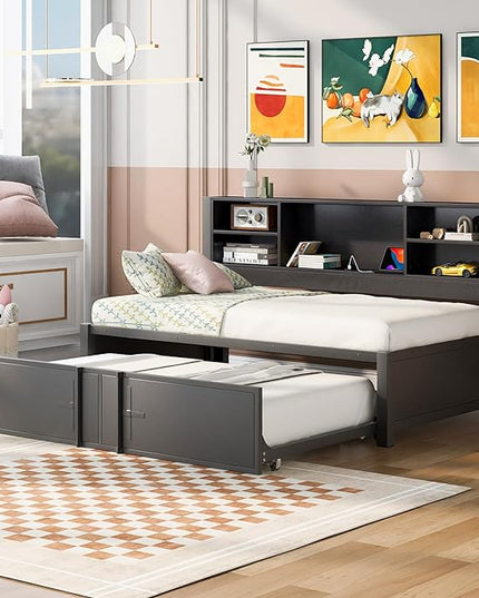 Metal Twin Size Daybed with Twin-Size Trundle, Storage Shelves and USB Ports, BookcaseMetal-Slats Support,No Box Spring Required,for Bedroom/Apartment/Guest-Room,Black - LeafyLoom