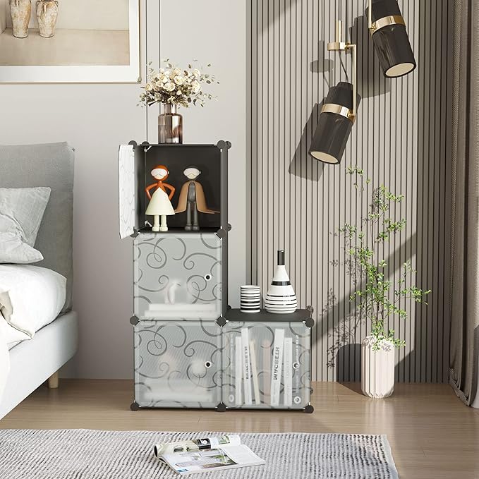 C&AHOME Cube Storage Organizer with Doors, 4-Cube Shelves, Closet Cabinet, DIY Plastic Modular Bookshelf Ideal for Bedroom, Living Room, 24.8" L x 12.4" W x 24.8" H Black SHS04B-DOOR - LeafyLoom