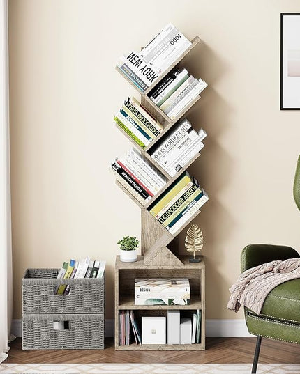 Vagusicc 6 Tier Tree Bookshelf, Modern Floor Standing Bookcase with Storage Drawer, Space Saving Storage Organizer Book Shelves for Books, Tall Wood Storage Rack for Bedroom/Living Room/Home Office - LeafyLoom
