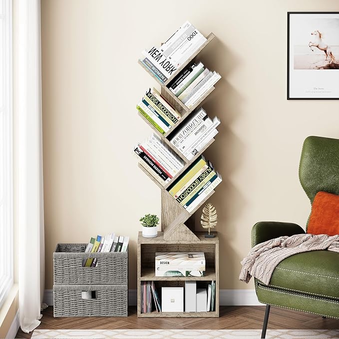 Vagusicc 6 Tier Tree Bookshelf, Modern Floor Standing Bookcase with Storage Drawer, Space Saving Storage Organizer Book Shelves for Books, Tall Wood Storage Rack for Bedroom/Living Room/Home Office - LeafyLoom