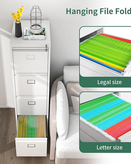 4 Drawer File Cabinet, Metal Vertical File Cabinets with Lock for Home Office, Heavy Duty Office Steel Filing Cabinet for Hanging Files for A4/ Legal/Letter,Assembly Required (White) - LeafyLoom
