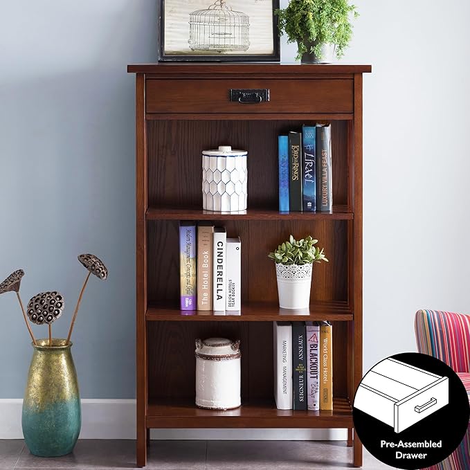 Leick Home 82262 Mission Mantel Height Bookcase with Slatted Sides and Top Drawer, Made with Solid Wood, for Living Rooms, Mission Oak Finish, Brownbronze - LeafyLoom