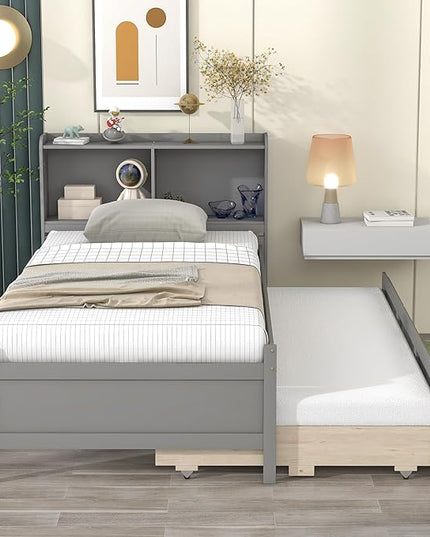 Platform Bed Twin Size with Bookcase Headboard, Trundle and 3 Drawers, Wooden Storage Bedframe for Kids Teens Adults Bedroom - LeafyLoom