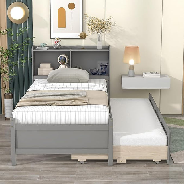 Platform Bed Twin Size with Bookcase Headboard, Trundle and 3 Drawers, Wooden Storage Bedframe for Kids Teens Adults Bedroom - LeafyLoom