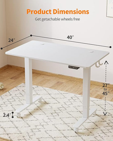 Cubiker 40 x 24 Inch Standing Desk, Stand up Height Adjustable Home Office Electric Table, Sit Stand Desk with Splice Board, White Frame & White Desktop - LeafyLoom