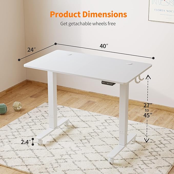 Cubiker 40 x 24 Inch Standing Desk, Stand up Height Adjustable Home Office Electric Table, Sit Stand Desk with Splice Board, White Frame & White Desktop - LeafyLoom