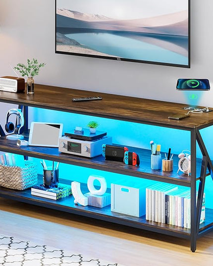 Lvifur LED TV Stand up to 70''Televisions, Farmhouse TV Console Table with RGB 24 Colors Dimmable, Industrial Entertainment Center with Human Body Sensor for Living Room Bedroom - LeafyLoom
