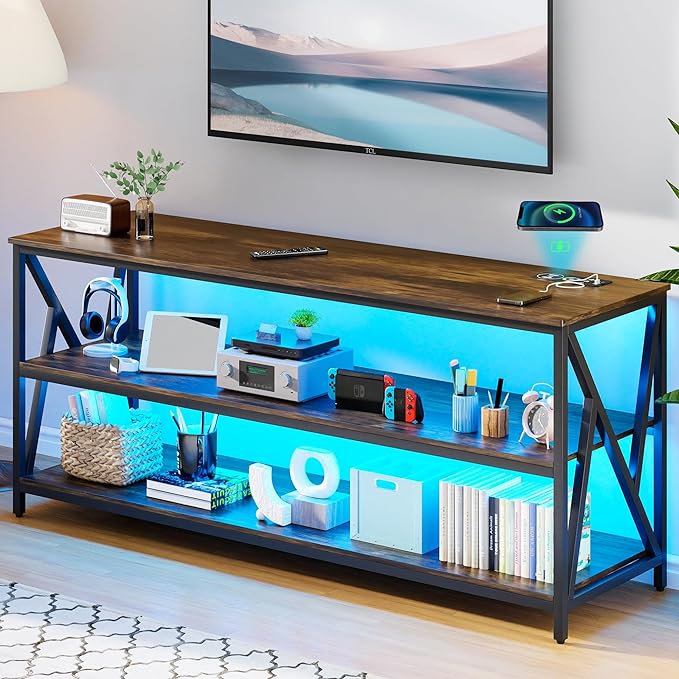 Lvifur LED TV Stand up to 70''Televisions, Farmhouse TV Console Table with RGB 24 Colors Dimmable, Industrial Entertainment Center with Human Body Sensor for Living Room Bedroom - LeafyLoom