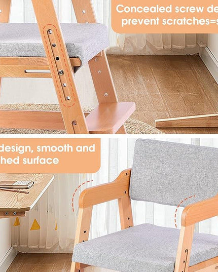 Ezebaby Wooden High Chair, Adjustable Highchair for Toddlers to Teens with Steps, Kids Dining Chair, Study Chair with Removable Cushion (Natural Color) - LeafyLoom