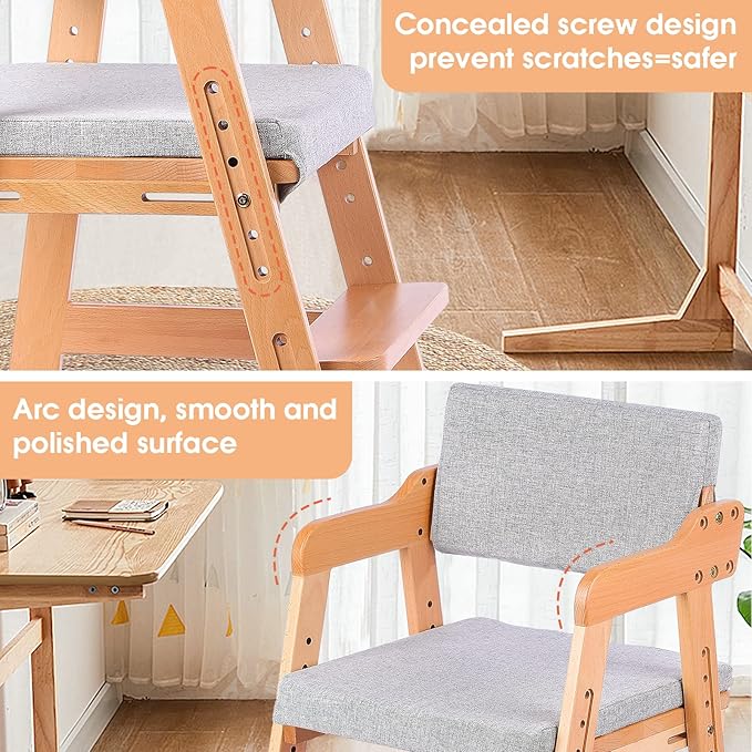 Ezebaby Wooden High Chair, Adjustable Highchair for Toddlers to Teens with Steps, Kids Dining Chair, Study Chair with Removable Cushion (Natural Color) - LeafyLoom