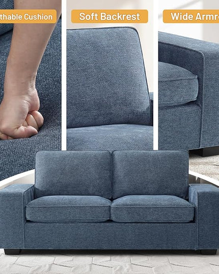EASELAND 71" Loveseat, Small Chenille Loveseat for Small Spaces, 2-Seater Modern Deep Seat Couch with Removable Back and Cushions, Lounge Sofa for Bedroom with Wood Legs and Fluffy Armrest (Blue) - LeafyLoom